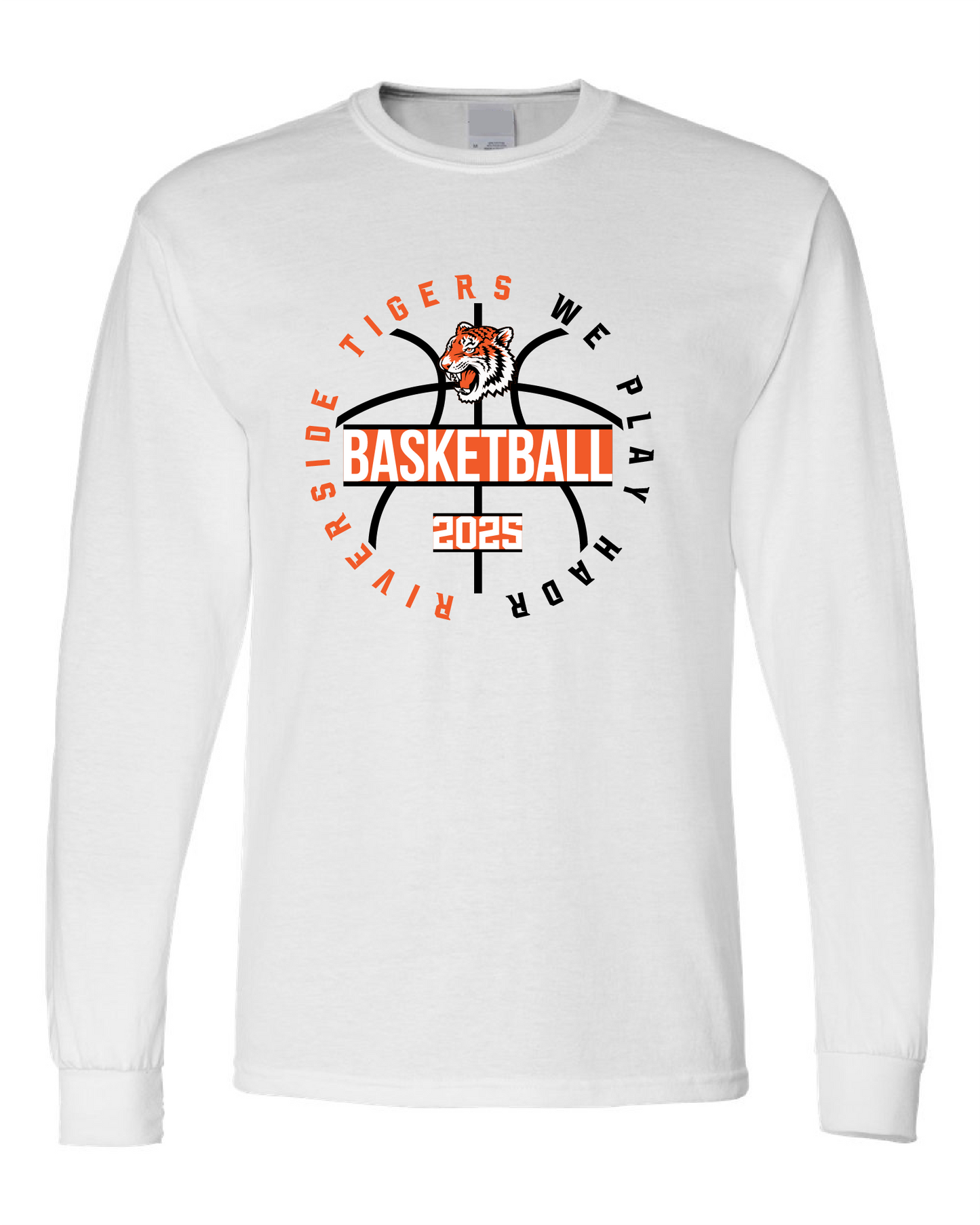 Tigers Basketball We Play Hard Circle Long Sleeve Tee – White