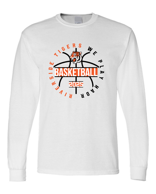 Tigers Basketball We Play Hard Circle Long Sleeve Tee – White